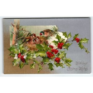 Vintage Christmas Postcard with Birds and Holly Berries, Early 1900s
